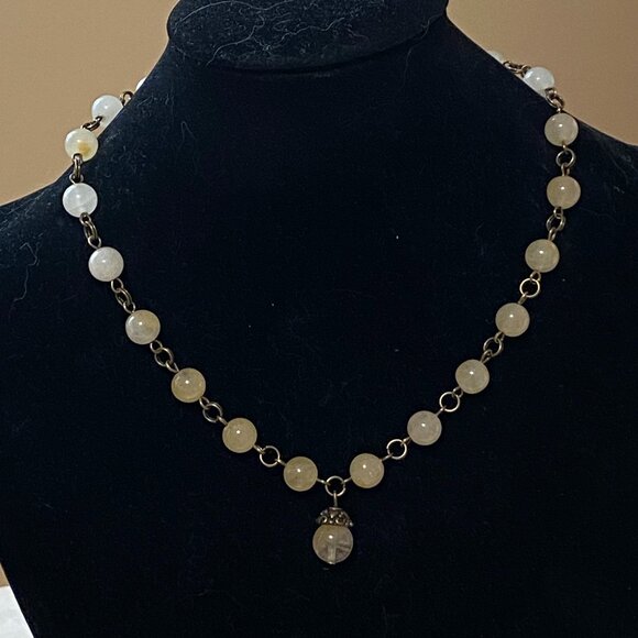 Natural Yellow Aventurine Necklace, Cute Bronze Acorn + Genuine Gemstone Choker - Picture 3 of 13